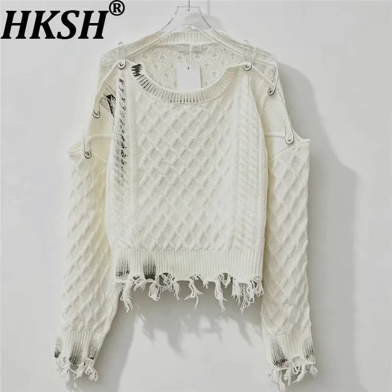 HKSH Women Sweater Off Shoulder Needle Diamond-patterned Fashion Design Frayed Edge Loose Casual Ins Pullover Autumn New HK26938