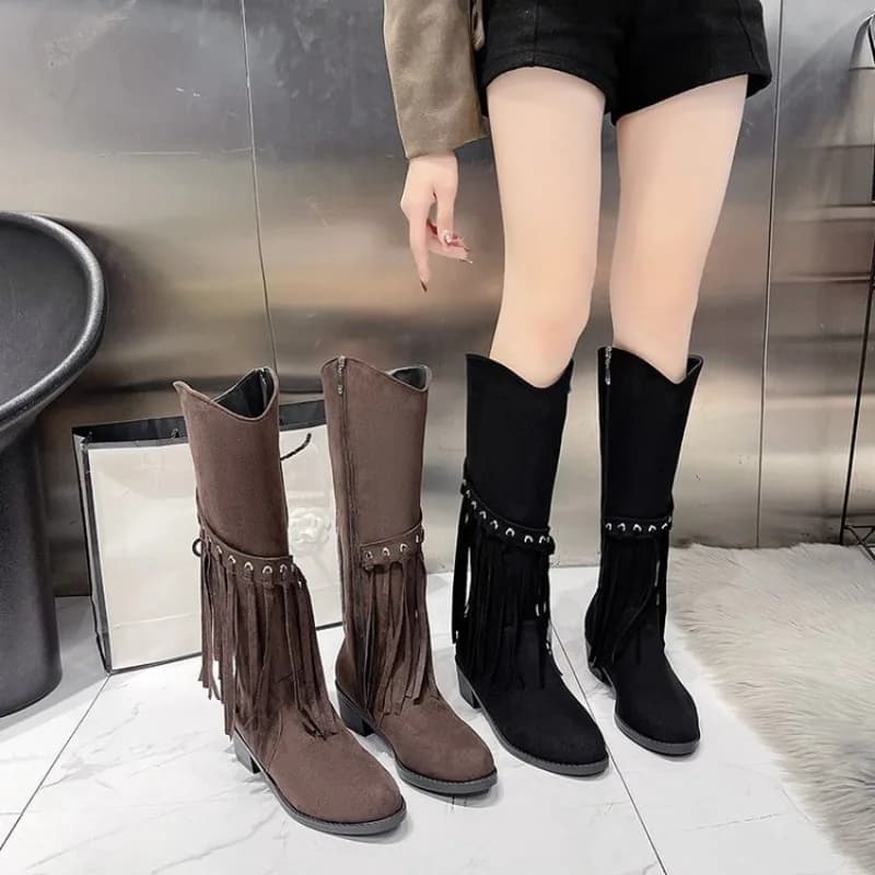 Women's Knee Boots Winter Shoes High design luxury Punta a punta Fashion Comfortable shoe with tassels Medium heel Casual in special offer