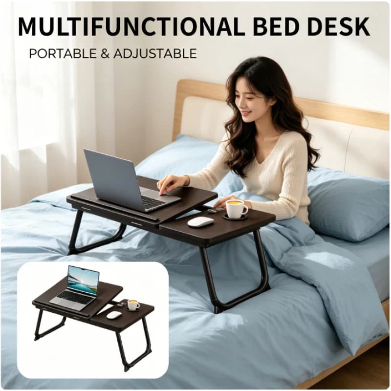 Tavolino Portatile Pieghevole da Letto con Portabicchieri, Vassoio per Colazione e Supporto per Laptop per Casa, Camera da Letto, Soggiorno