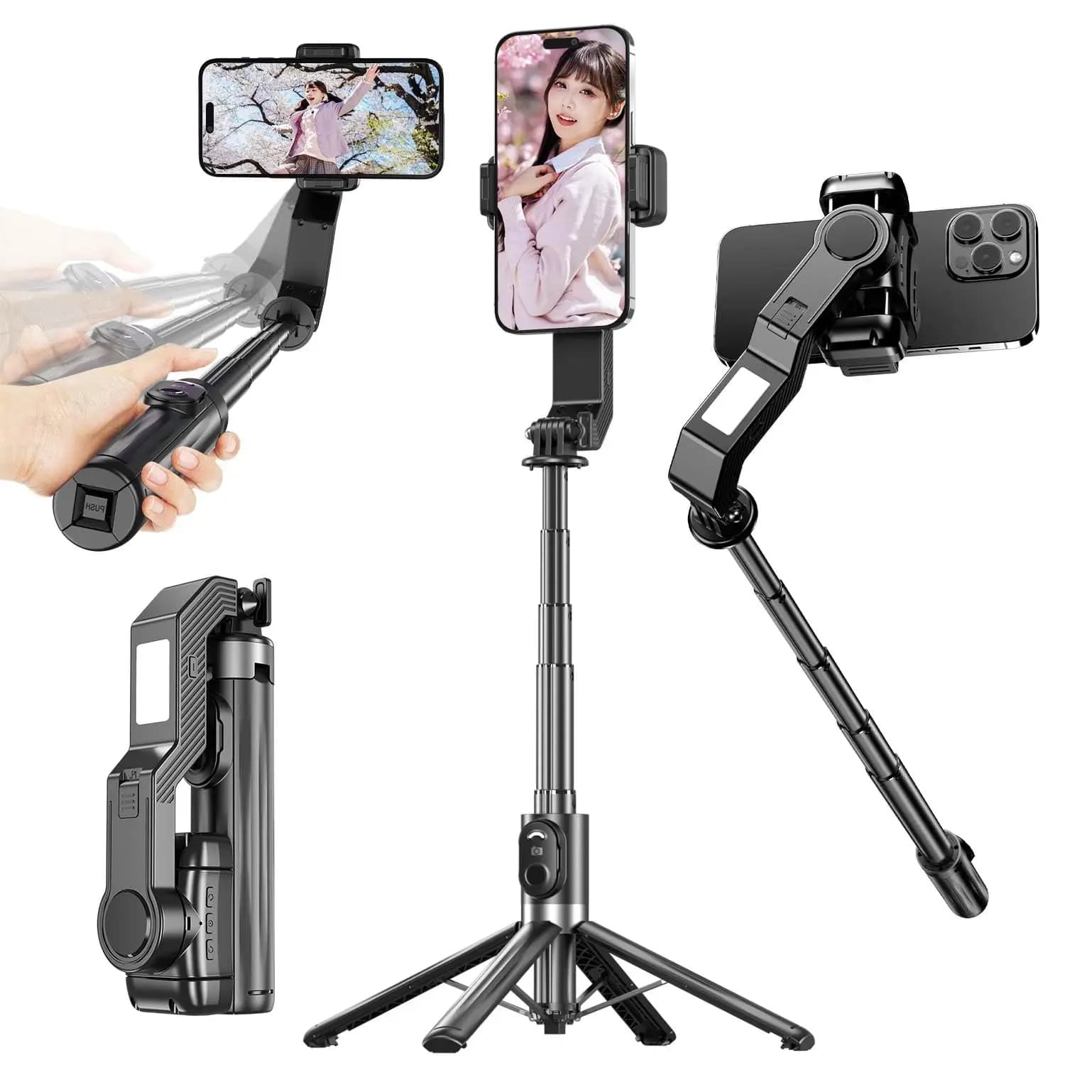 Anti-shake Gimbal Selfie Stick Treppiede 3-in-1Smartphone Gimbal Stabilizzatore ad asse singolo a mano singola Selfie Stick Telecomando Bluetooth