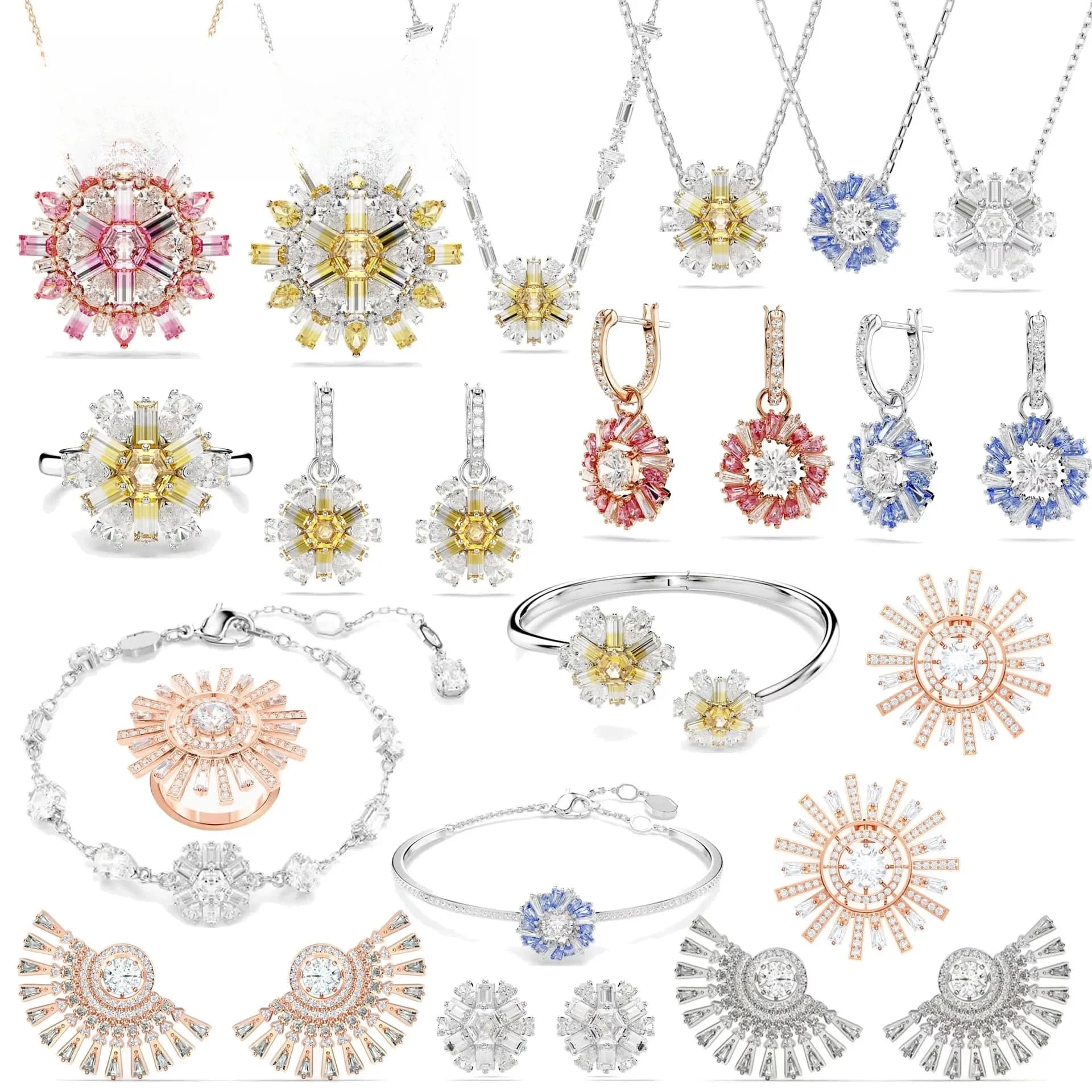 Yellow Floral High Quality Luxury Brand Jewelry Sets Necklace Earrings Ring Bracelet Pink Blue Exquisite Party Gift for Women