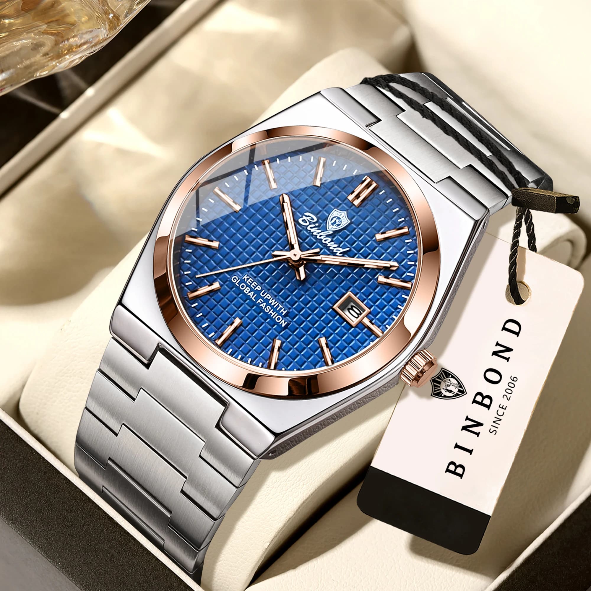 Orologio da uomo BINBOND di lusso, regalo aziendale, al quarzo, impermeabile, luminoso, con datario, cinturino in acciaio inossidabile, orologio da uomo alla moda, casual, sportivo.
