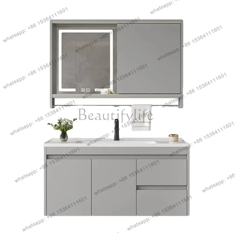 Mobile bagno in legno massello con specchio feng shui push-pull, lavabo integrato in ceramica e WC