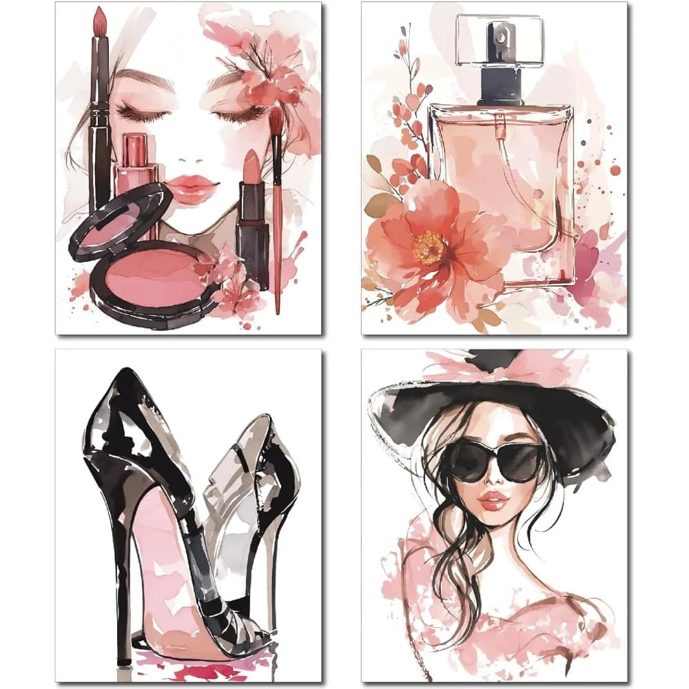 4Pcs Pink Makeup Wall Art Prints Fashion Woman Canvas Picture Watercolor Decor Paintings High Heels Perfume Beauty Wall Art
