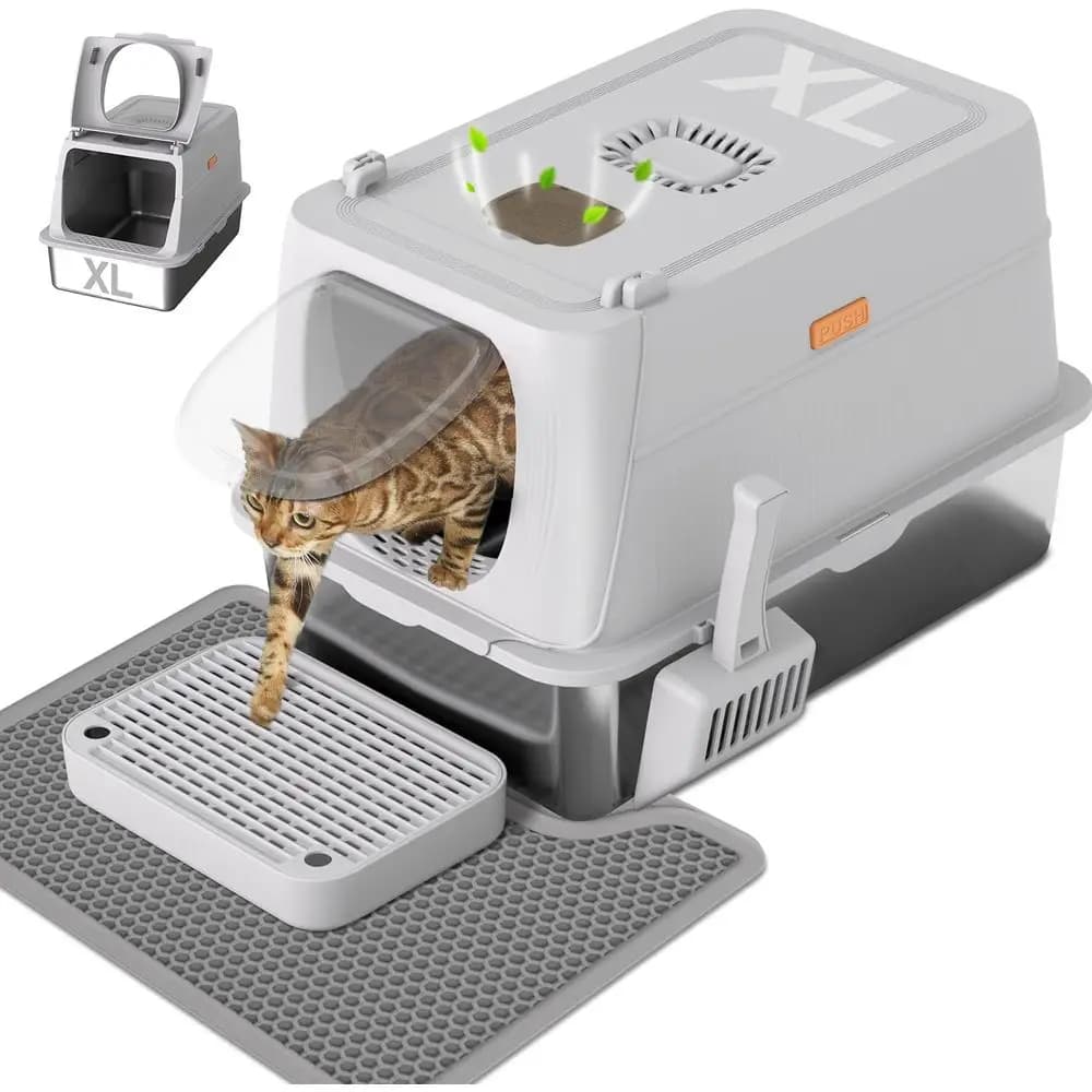 Lettiera per Gatti in Acciaio Inox con Coperchio, Extra Large XL, Chiusa e Rimovibile, con Paletta e Doppio Strato