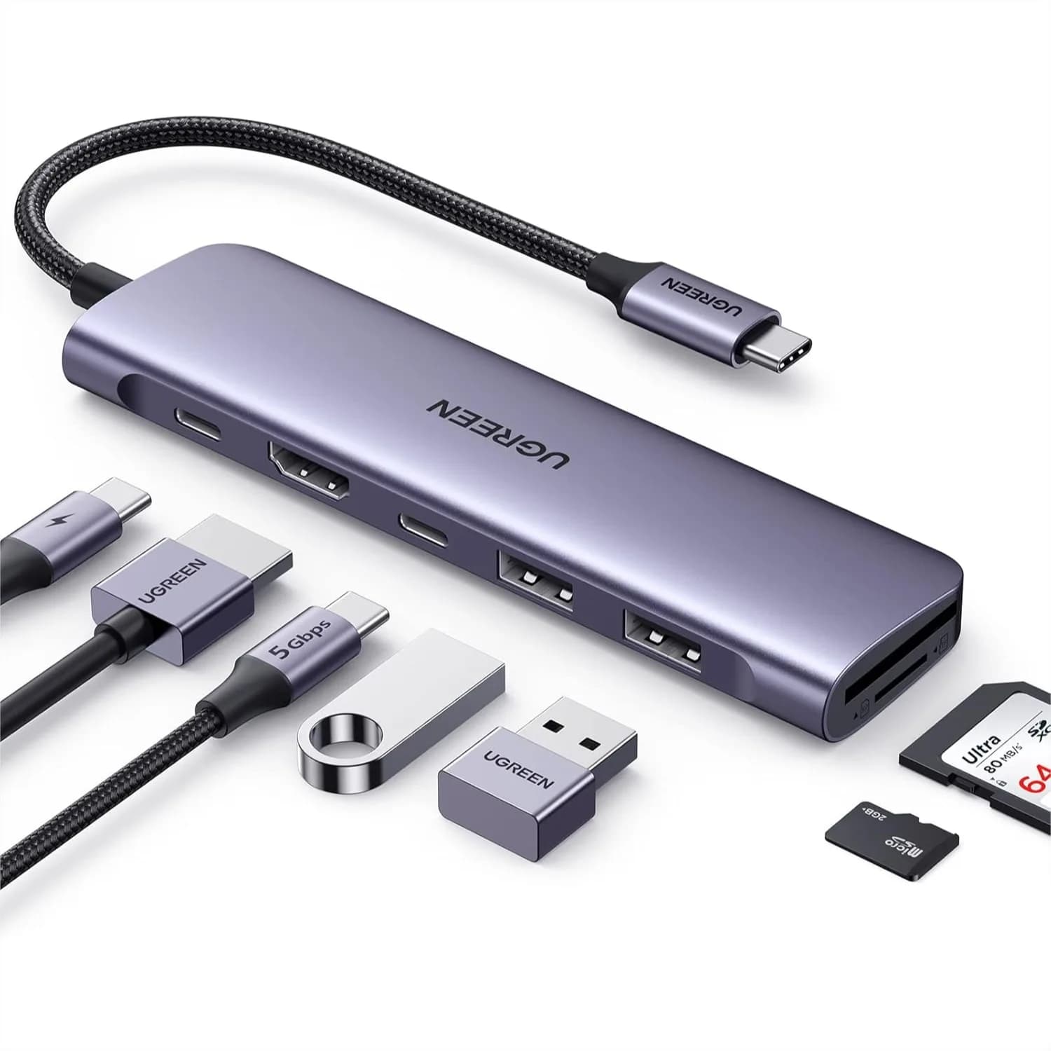 Hub USB C 7 in 1 per Laptop, HDMI 4K, Ricarica PD 100W, Porte Dati USB-A/C, Lettore Schede SD