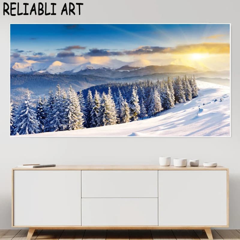 Snow Sunset Winter Natural Landscape Posters and Prints on Canvas Painting Wall Art Pictures for Living Room Decorations for Home Without Frame