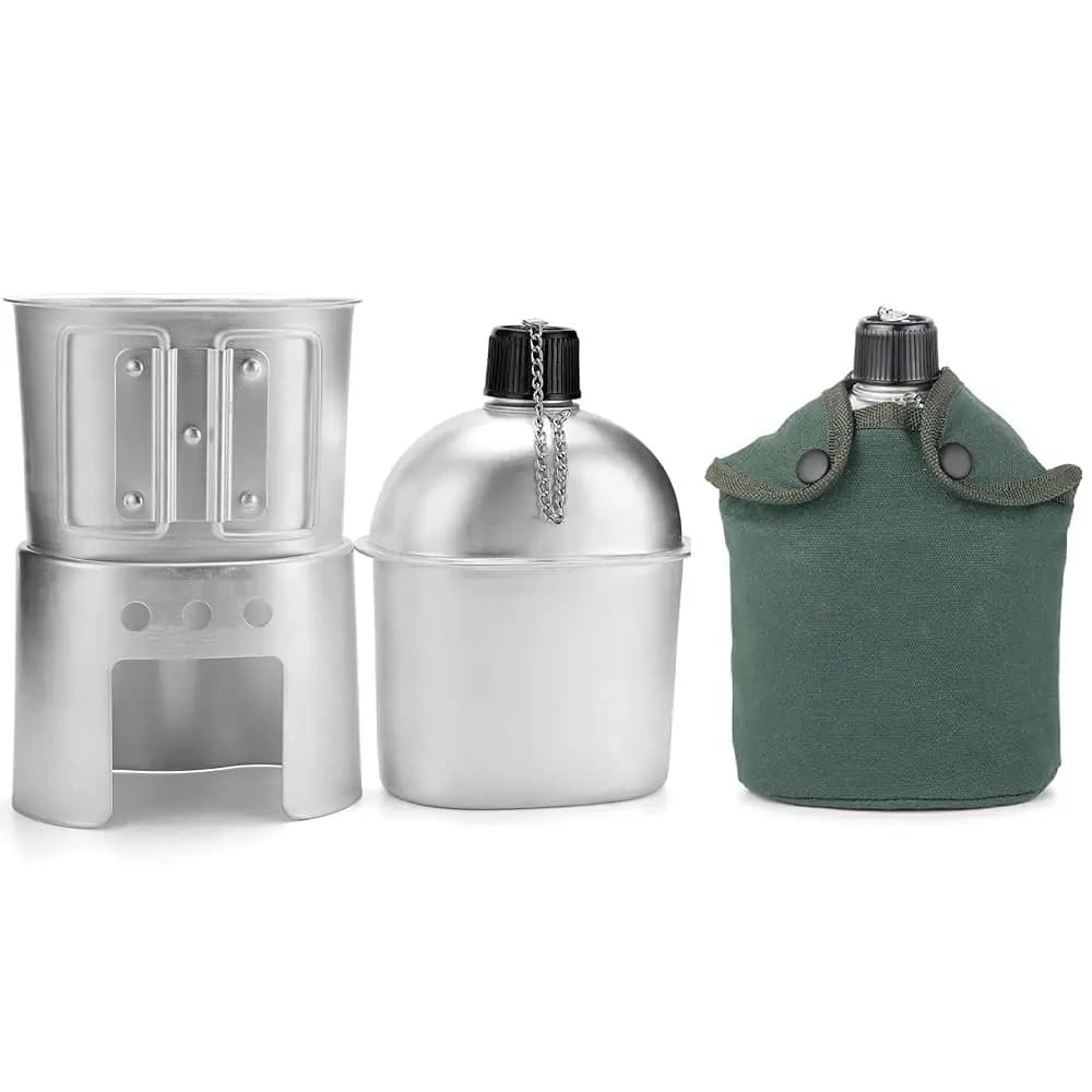 Set 4 Pezzi: Borraccia Militare in Alluminio, Set Pentole da Campeggio, Tazza da 1 Litro, Set Fornello a Legna, Spork per Campeggio Outdoor