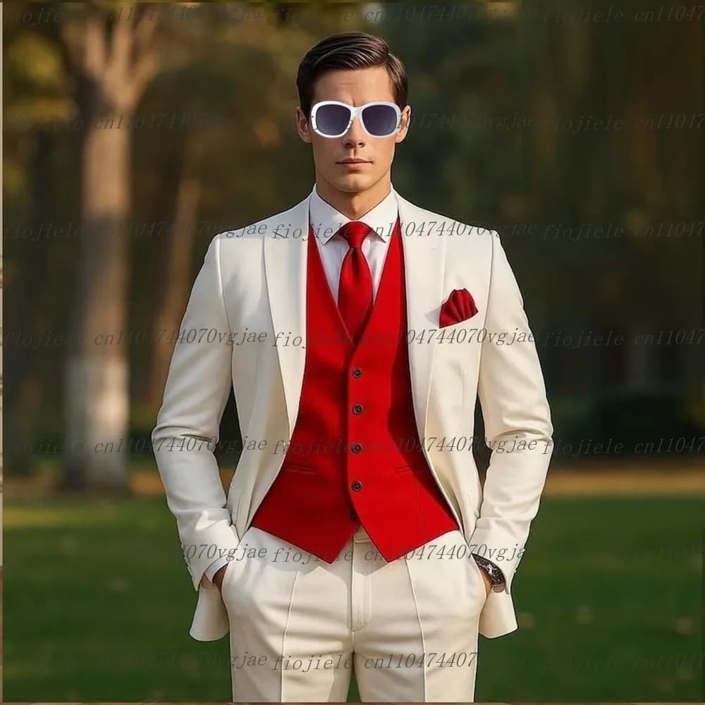 New White And Red Men Suit Formal Wedding Party Groom Business Male Tuxedos Customized 3 Piece Set Jacket Vest Pants
