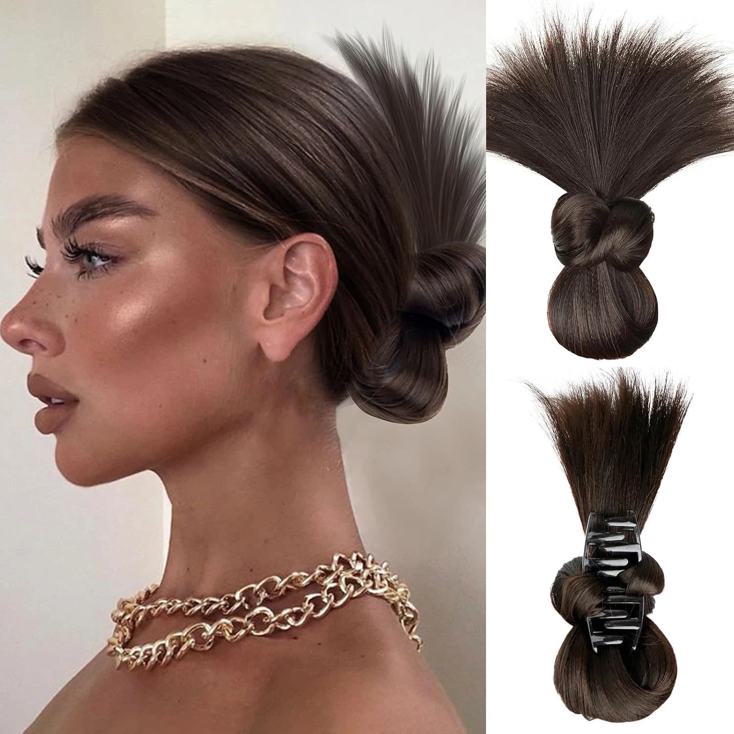 Messy Bun Hair Piece Dark Brown Claw Clip in Staight Hair Bun Short Ponytail Extension Synthetic Sick Back Bun for Women Daily