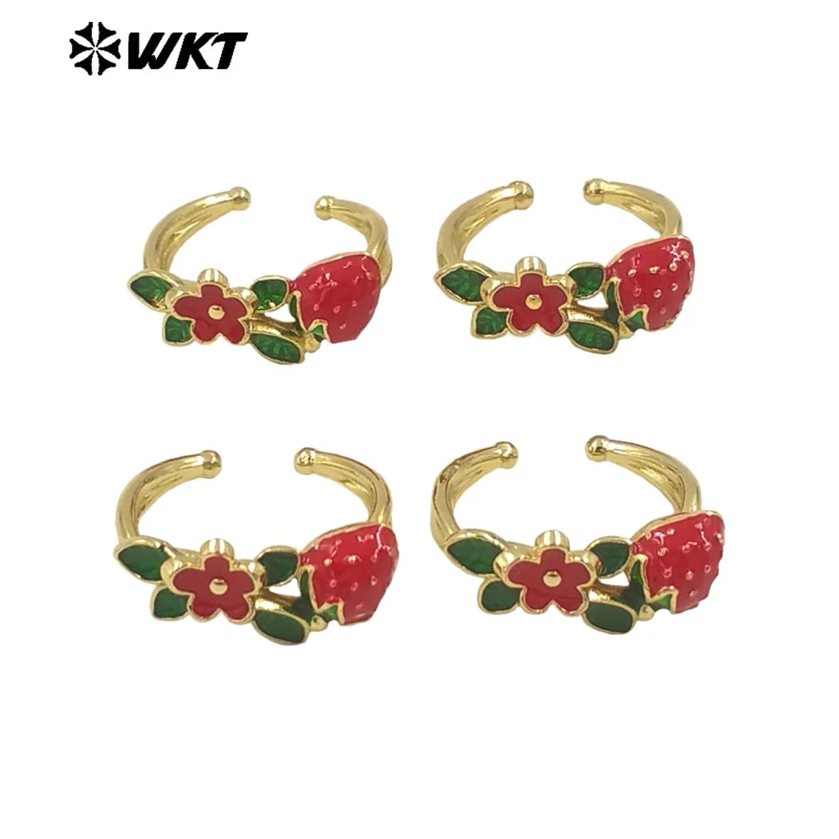 Anello regolabile placcato oro WT-RF011, con fragola e fiore, grazioso gioiello resistente all'ossidazione, ideale come regalo di compleanno per signora.