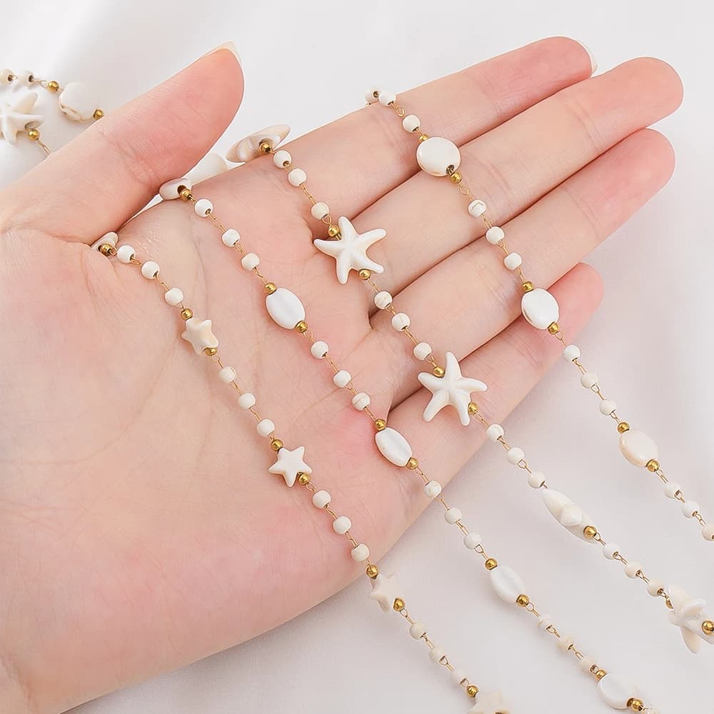 1M Boho Catena in acciaio inossidabile Pietra naturale bianca Stella marina Catena di perline Bracciale Collana Vacanza al mare Forniture per la creazione di gioielli