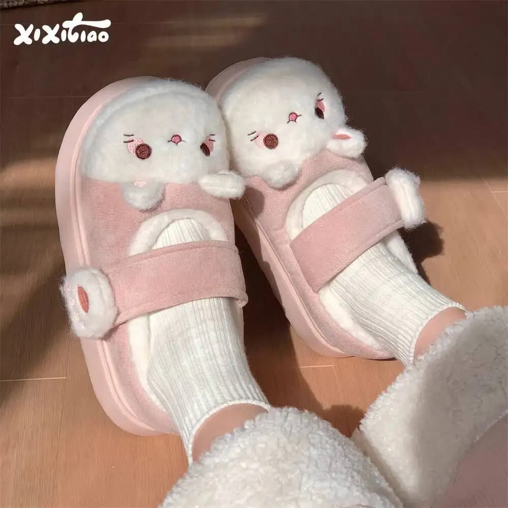 Winter Slippers for the Home Soft and cute cat-themed Slippers for the Home for Interior Cotton Slippers with thick sole with magic ribbon