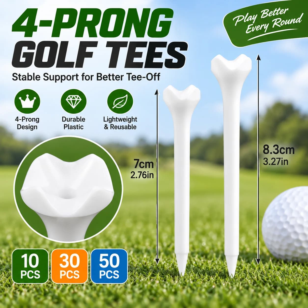 Plastic Golf Tees 4-Prong Ball Support 7cm 8.3cm 10/30/50PCS Lightweight Golf Training Accessories for Tee Off