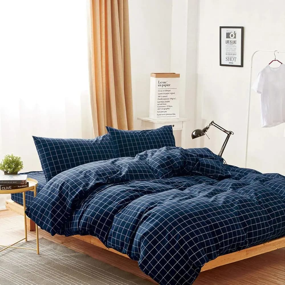 Set Copripiumino in Cotone a Quadri, Stile Geometrico Rustico, Set Biancheria da Letto in Cotone Lavato 100%, 3 Pezzi, Blu Navy