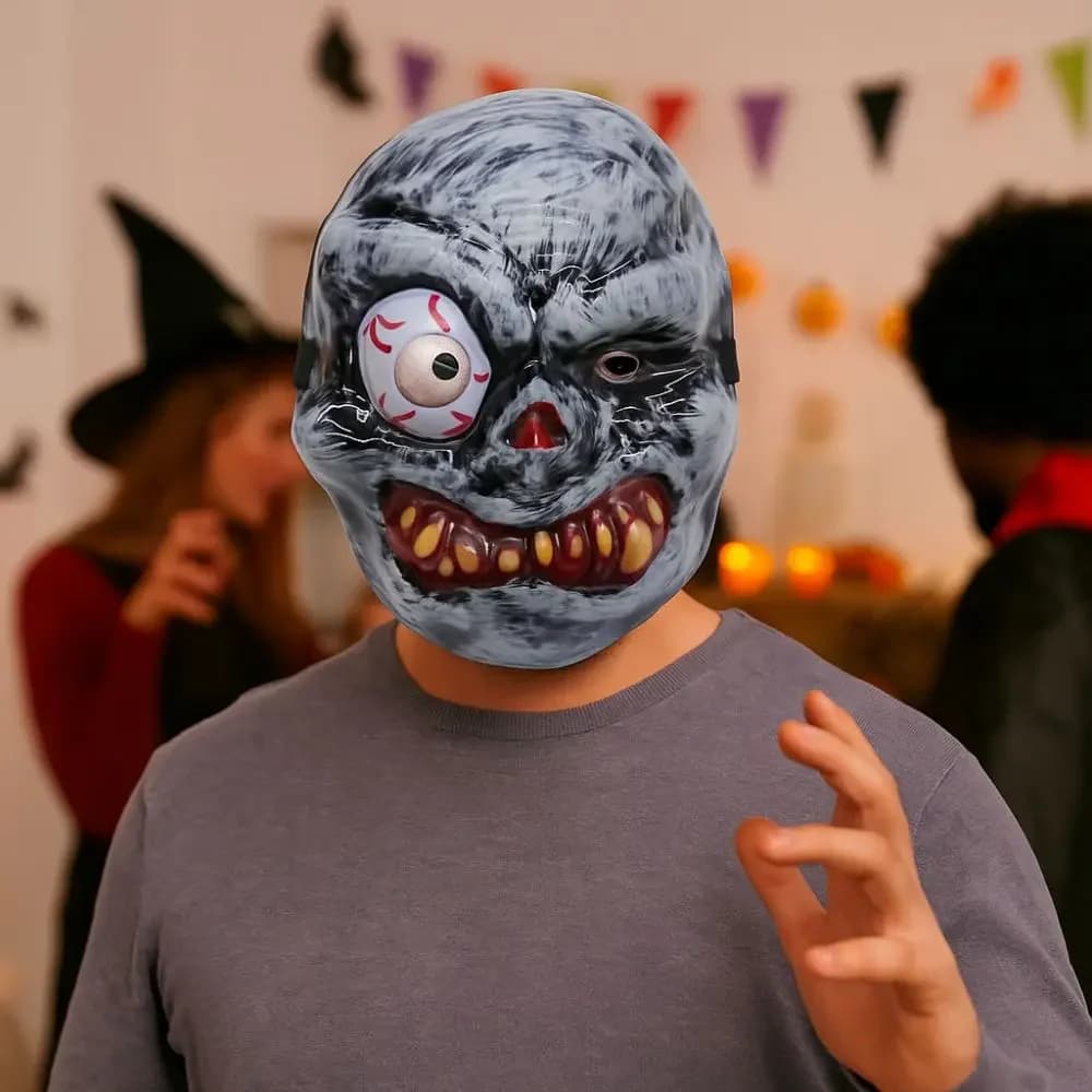 Maschera da fantasma di Halloween a pieno facciale Puntelli spaventosi con un occhio Copricapo da fantasma spaventoso Copricapo da fantasma traspirante in PVC Celebrazione di Halloween