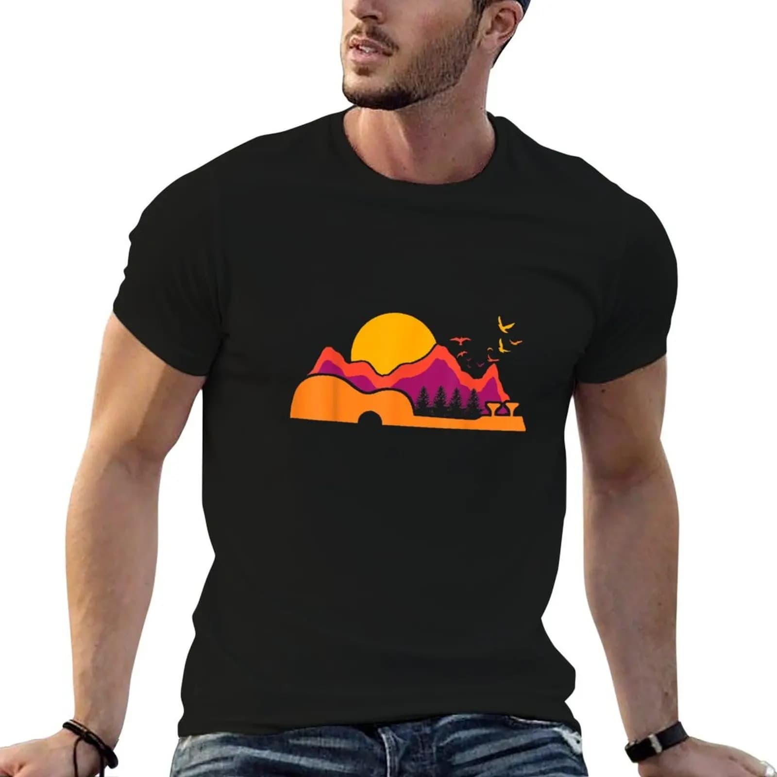T-shirt Uke Ukulele Player Sun Mountains, t-shirt da uomo di design, t-shirt estiva da uomo, t-shirt in cotone