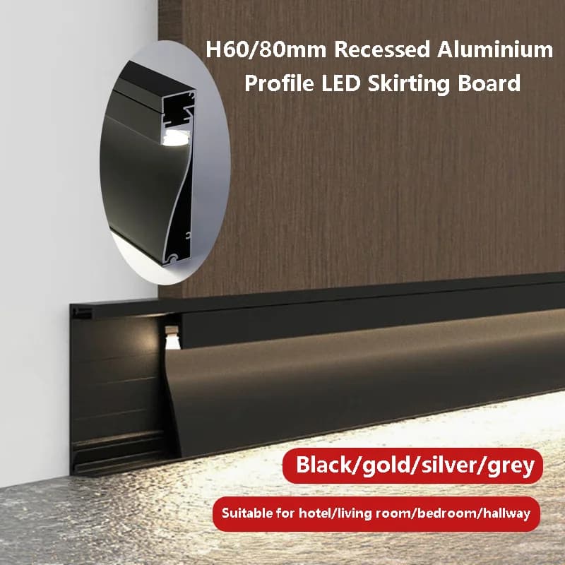 H60/80mm Aluminum Profile LED Battiscopa Lattiginous channel diffused by recessed for wall mounting Linear plate with rigid strip
