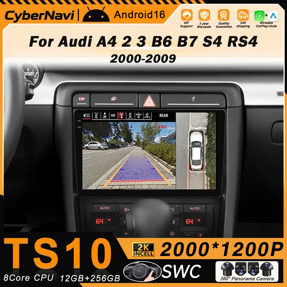 Autoradio Android 16 con Carplay e Android Auto, Schermo 2K per Audi A4 2 3 B6 B7 S4 RS4 2000-2009, Lettore Multimediale, Radio Stereo per Auto