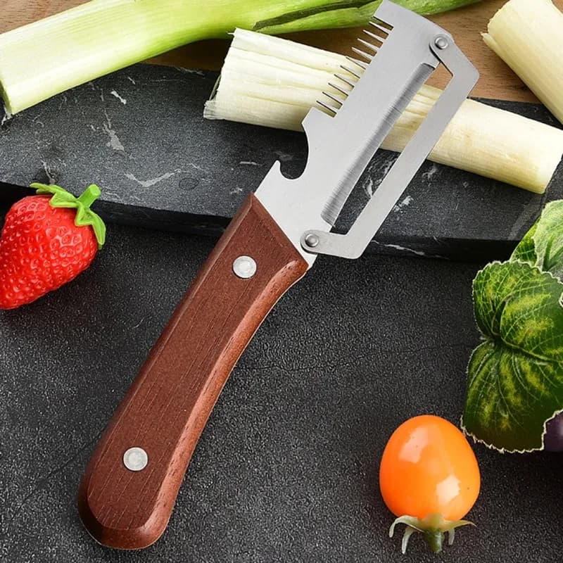 Stainless Steel Fruit Peeler 3 in 1 Kitchen Peeling Knife with Wooden Handle and Bottle Opener Fruit and Vegetable Scraping Tool