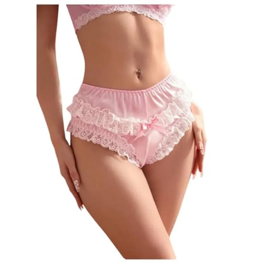 SHENHE Women's Satin Panty Ruffle Lace Trim Mid Rise Bow Underwear Silky Soft Brief