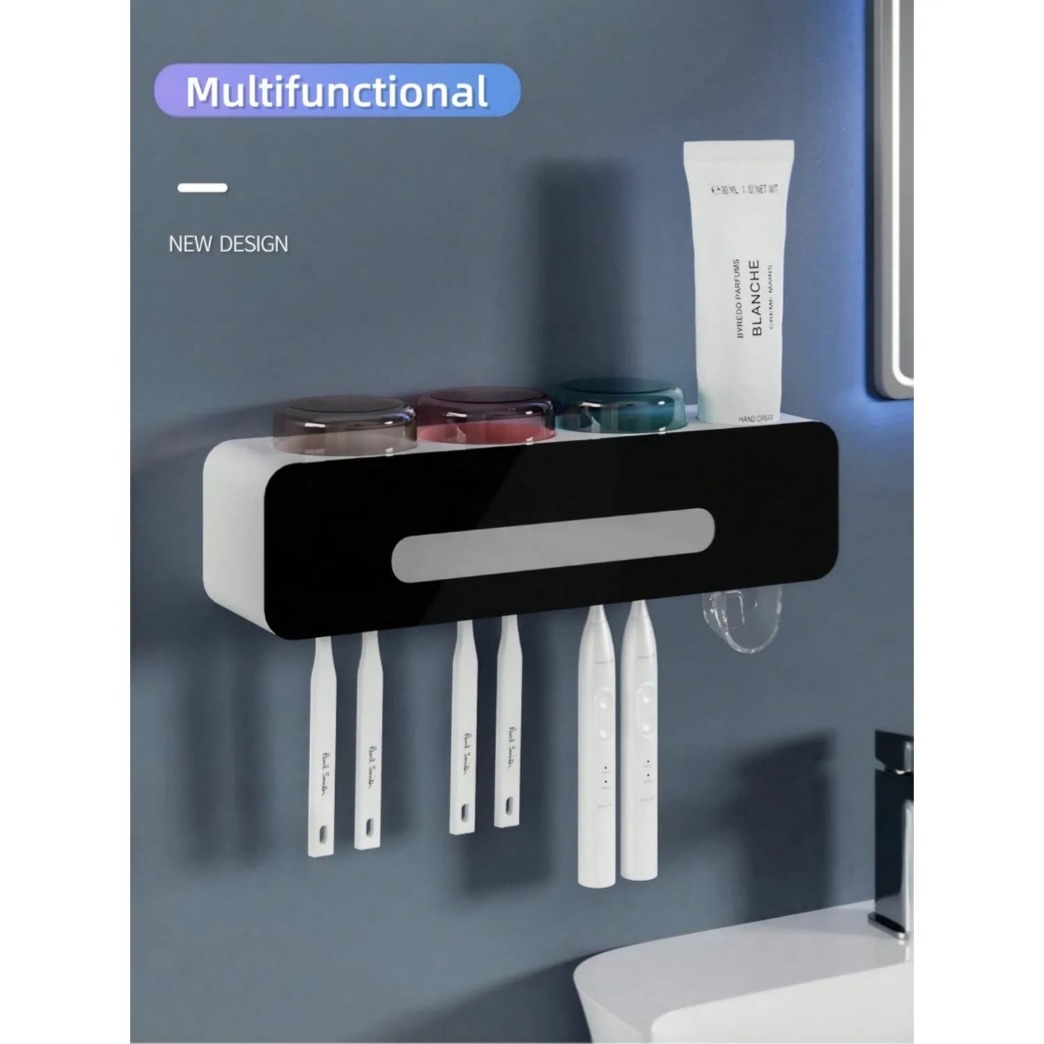 Set porta spazzolino da denti da parete senza foratura, porta spazzolino elettrico con tazza per il lavaggio, porta spazzolino multifunzione da bagno, organizer per spazzolini da denti per la casa, dispenser automatico di dentifricio, porta spazzolino da parete con dispenser di dentifricio