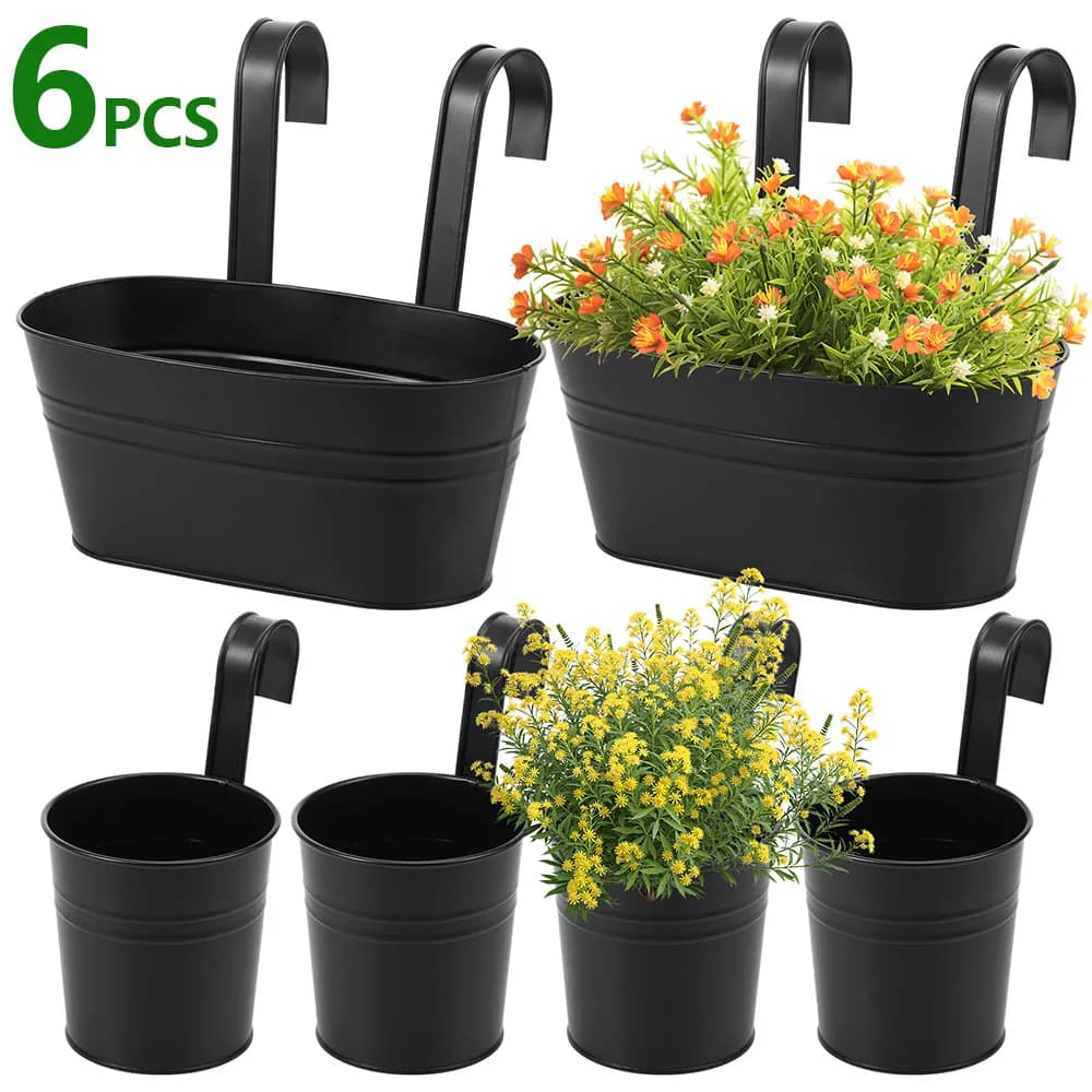 6Pcs Hanging Flower Pot Metal Iron Outdoor Railing Planter with Hook and Drainage Hole Fence Hanging Bucket Pot Garden Accessory