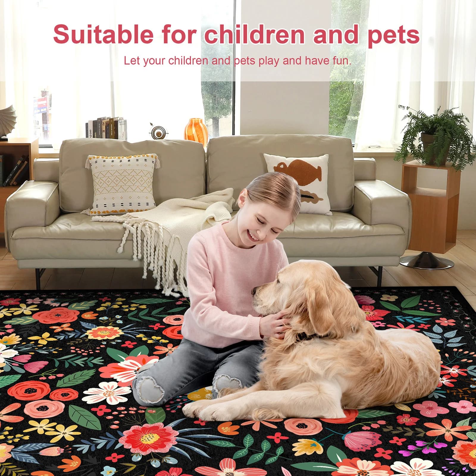 8' X 10' Floral Rug Boho Soft Carpet Non Slip Floor Carpet Low Pile Indoor Carpet for Bedroom Office Dining Room
