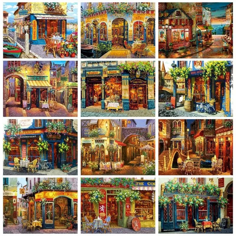 PhotoCustom Acrylic Painting By Numbers On Canvas Street Shops Landscape Coloring By Numbers Handicraft Picture Paint Wall Art