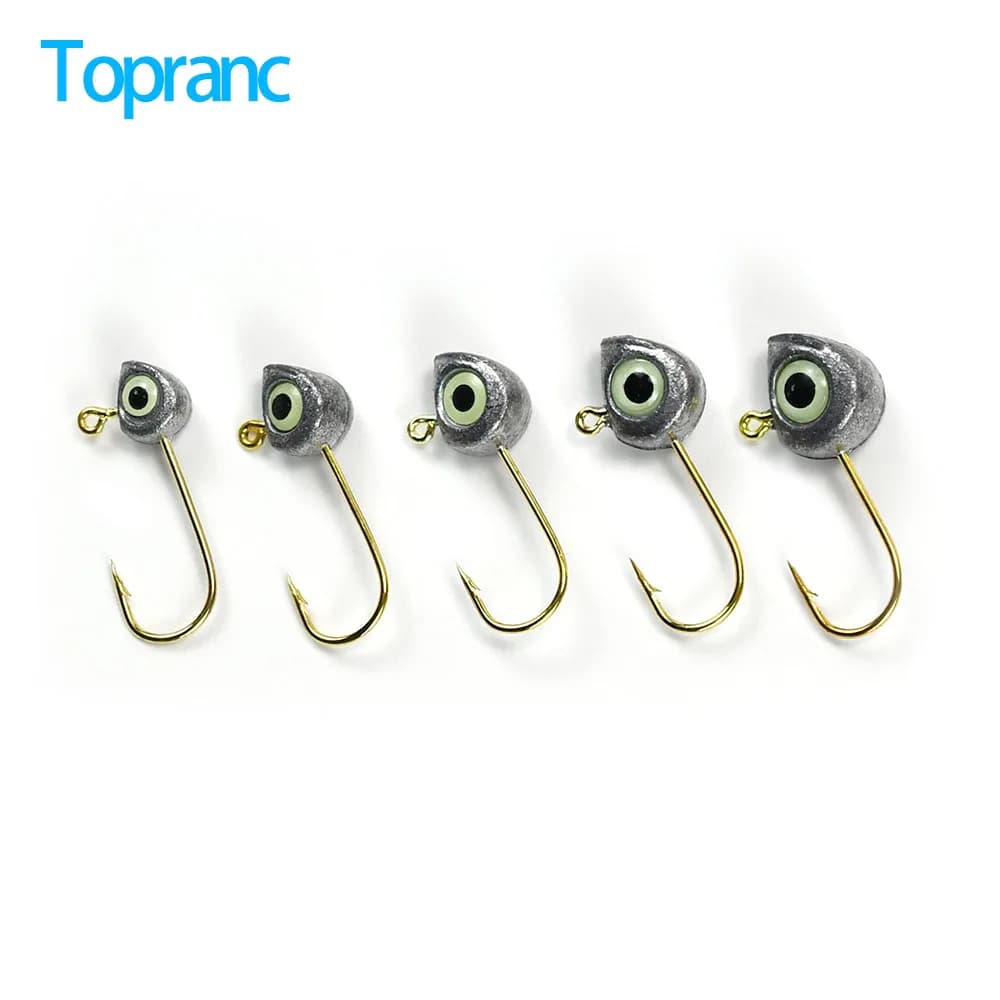 Topranc 15Pcs Fish Head Jig Hooks with 3D Eyes Barbed Gold Hook for Soft Bait Lure Freshwater Saltwater