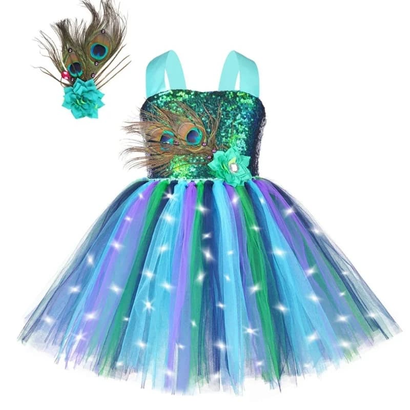 Abiti da spettacolo con piume di pavone a LED per ragazze, vestito tutu in tulle decorato con fiori e piume con paillettes, abito da festa di Halloween