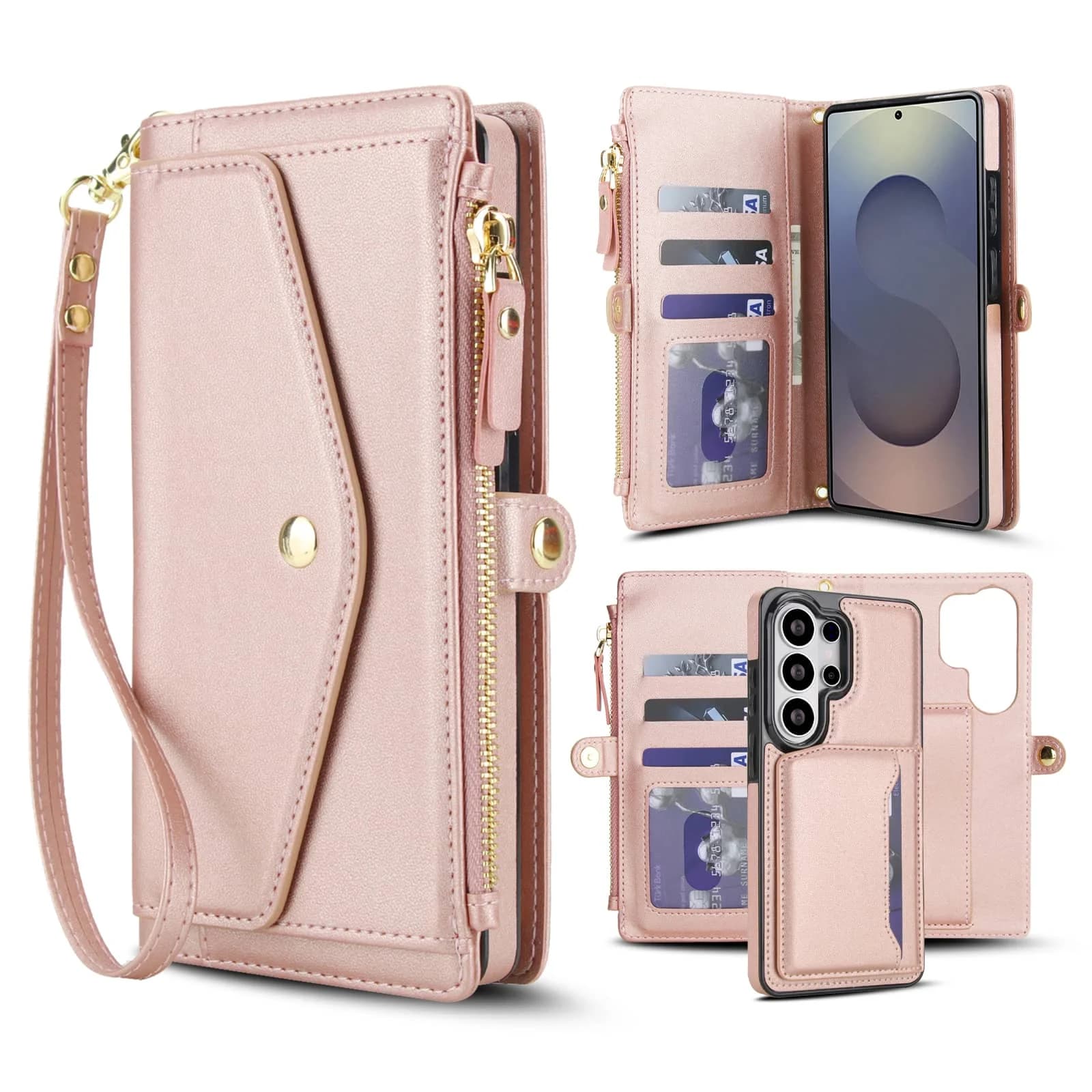 Custodia a Portafoglio per Samsung Galaxy S26 Ultra/S26 Plus, Porta Carte con Blocco RFID, Custodia Magnetica Staccabile con Tracolla