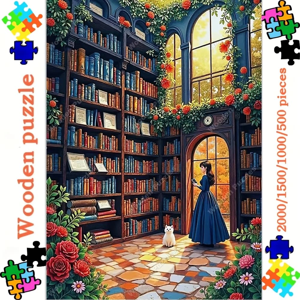 Puzzle in legno per adulti 2000/1500/1000/500 pezzi - Scena di biblioteca vibrante con libri, piante e finestre illuminate dal sole - Ideale per la casa O