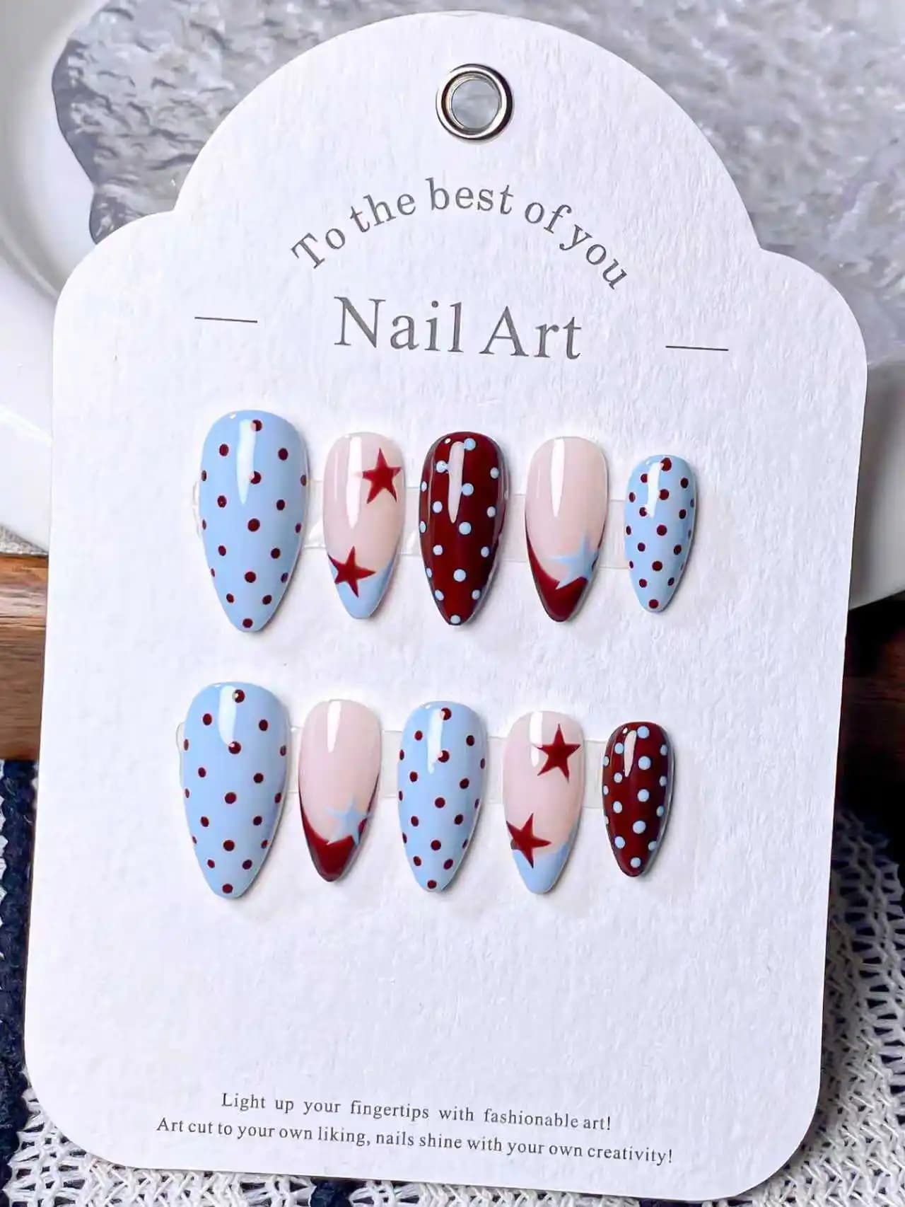 10 pieces of nail art in pure almond handmade with blue polka dots, brown pentagram design, elegant and high-end.