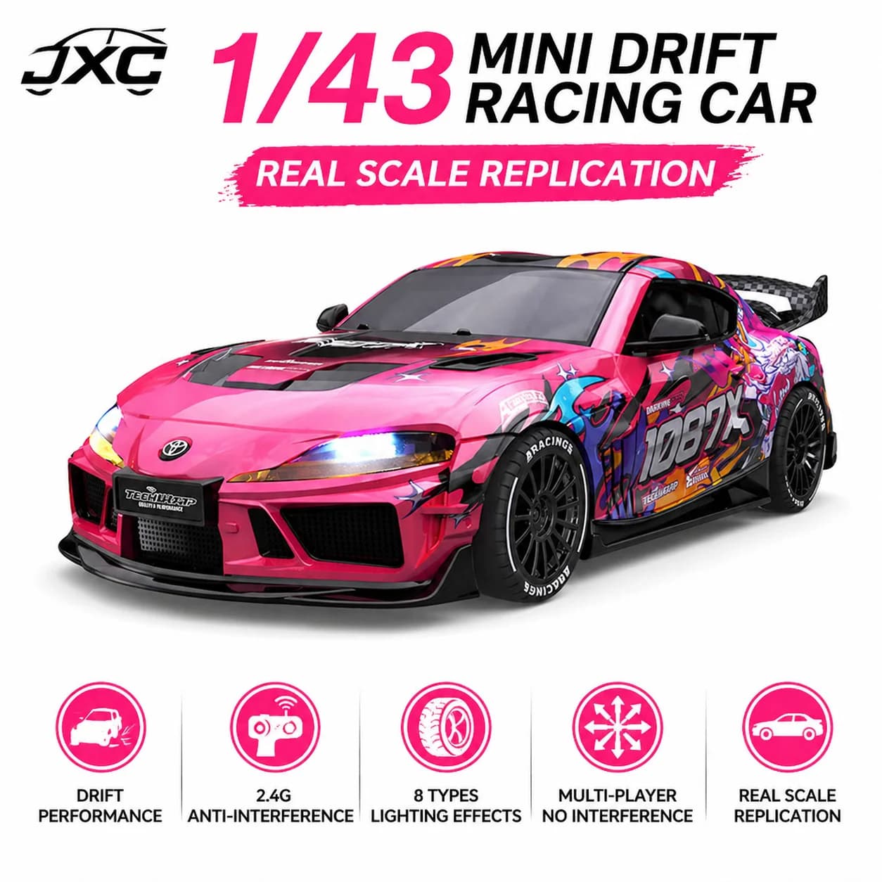 Nuova Auto RC Drift 1:43, Trazione Integrale, Velocità Regolabile, Luci Ambientali LED Commutabili, Giocattolo per Bambini