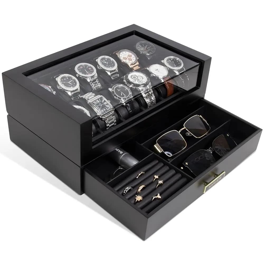 Scatola Porta Orologi di Lusso per Uomo, Espositore in Legno a 12 Scomparti con Cassetto, Cofanetto per Orologi con Coperchio in Vetro, Porta Orologi a 2 Livelli