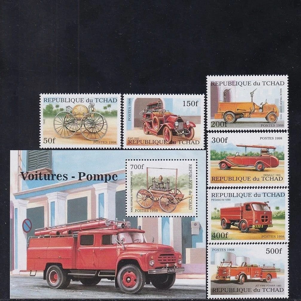 Chad Post Stamps Postage Y1998 Classical Fire Engines Full Set 7 New MNH Collectible Postage Stamps Material For Scrapbooking