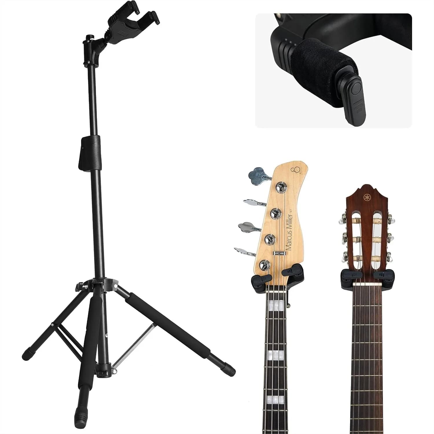 Supporto per Chitarra con Sistema di Bloccaggio Automatico, Stand da Terra Pieghevole e Regolabile a Treppiede per Chitarra Elettrica, Acustica, Basso, Ukulele, 12 Altezze Regolabili