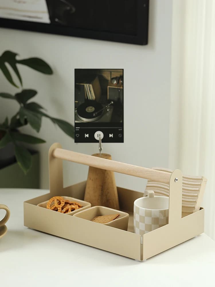 Vassoio in Legno Stile Nordico, Contenitore da Scrivania, Piatto Portaoggetti, Oggetto Scenico per Fotografia, Vassoio da Servizio con Base in Metallo