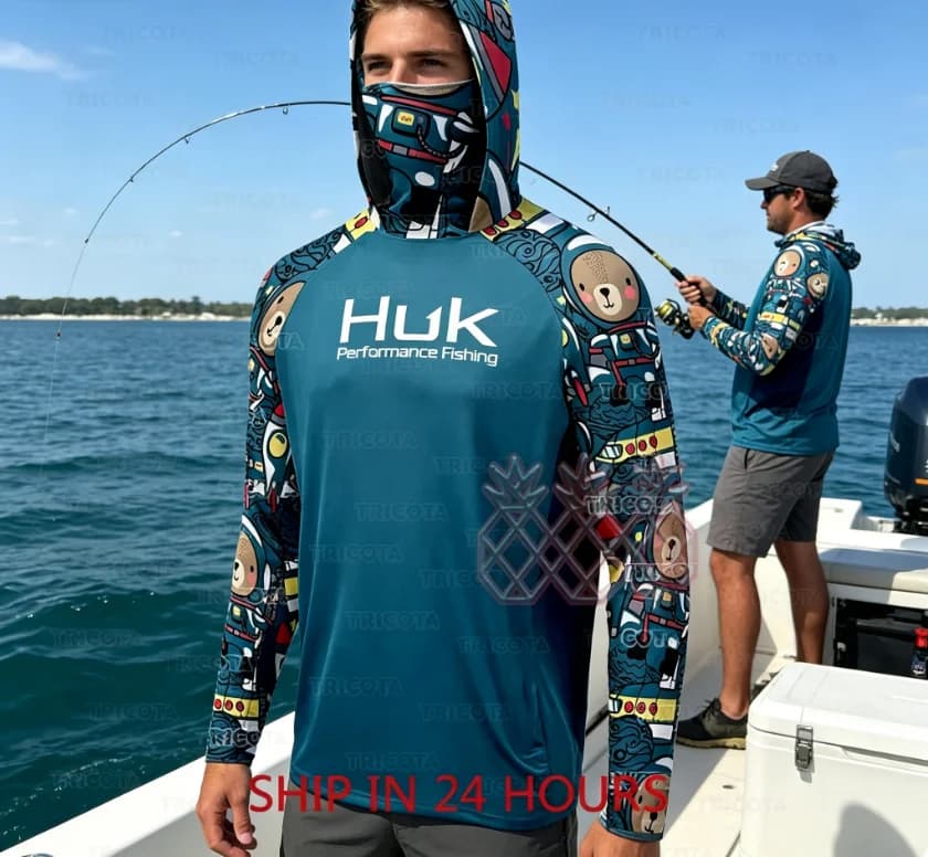 Magliette da Pesca HUK con Protezione per il Viso, Abbigliamento da Pesca per Uomo, Protezione Solare UV, Traspirante, Felpa con Cappuccio da Pesca con Motivi Cartoon, Camisa De Pesca