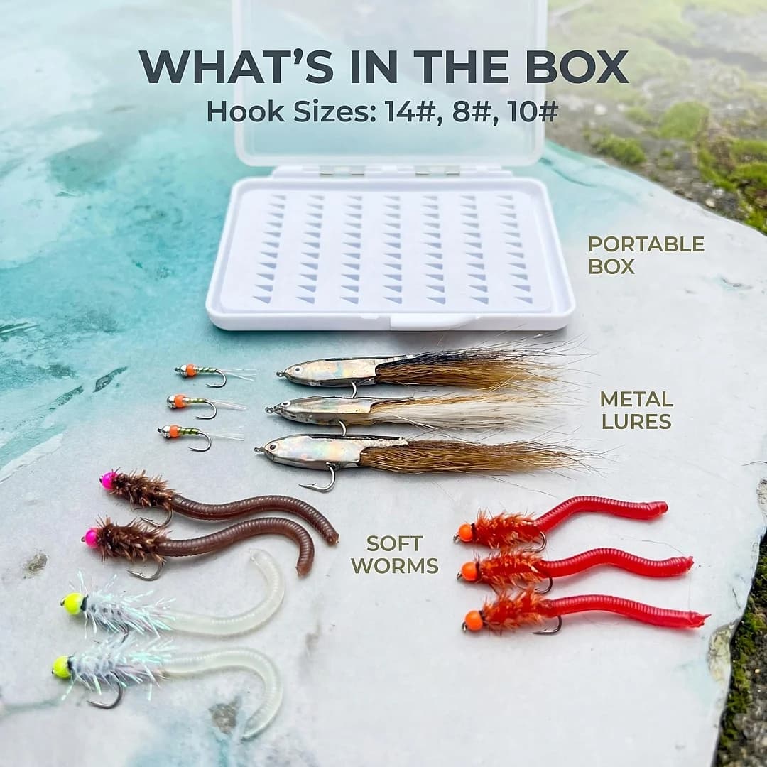 13 Styles Fly Fishing Flies Kit Portable Tackle Box, Hand Tied Nymph Streamer Worm Lures for Freshwater Game Fish