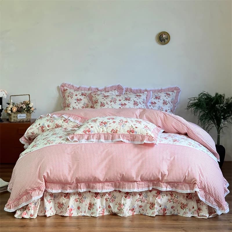 100% cotone coreano stile principessa rosa floreale plaid volant set biancheria da letto queen king size copripiumino lenzuolo federe 4 pezzi