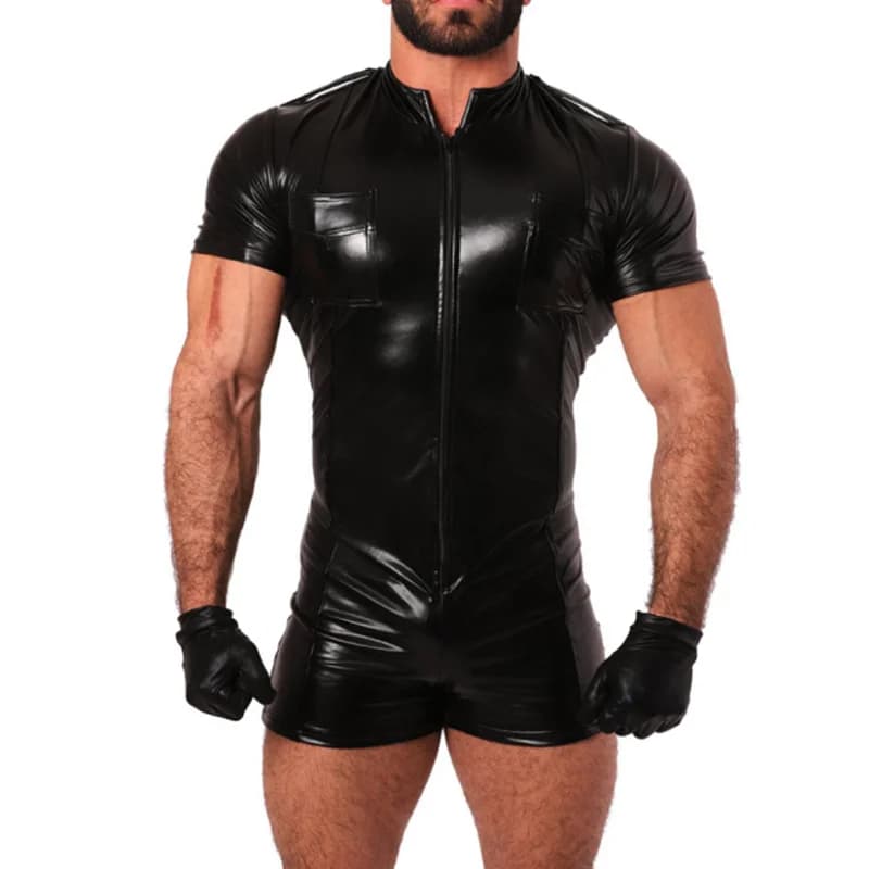 Fetish Latex Men Wetlook Wear Short Jumpsuit Bodysuit PVC Leather Pole Dance Gay Costumes Sexy Erotic Male Leggings Catsuit Pant