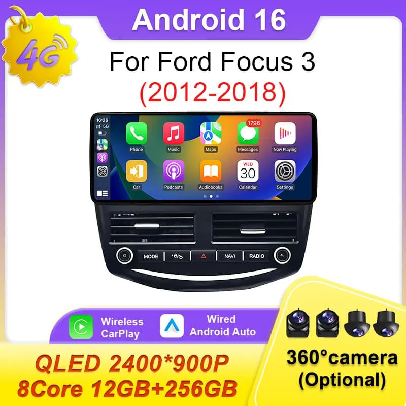 Autoradio multimediale per Ford Focus 3 2012-2018, no 2 DIN, lettore video, navigazione, BT, 4G, WIFI, QLED, GPS, Android 16, CarPlay wireless.
