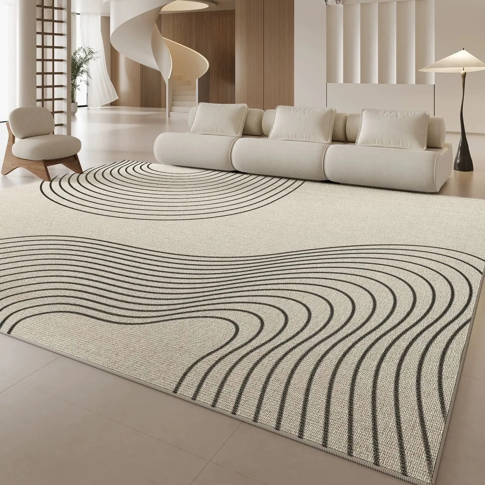 VIKAMA Curved Line Abstract Area Rug Non Slip Washable Large Living Room Carpet Minimalist Neutral Sofa Floor Decor Rug