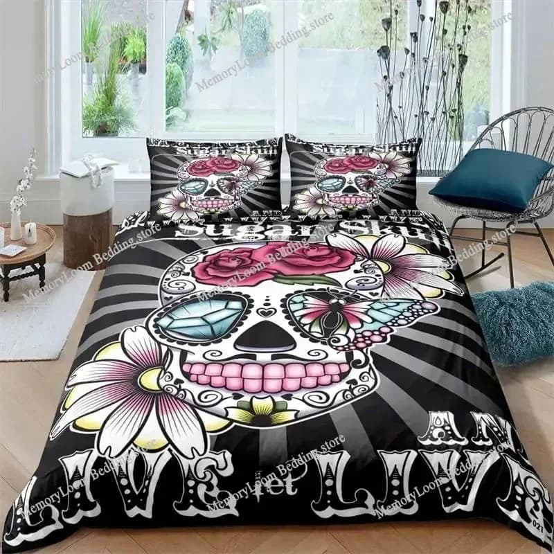 Set di biancheria da letto scheletro gotico con teschio di zucchero unico in stile artistico, copripiumino queen/king size, set di lenzuola morbide, decorazioni per la casa