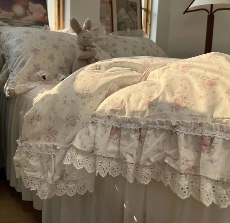 Romantic sweet pink floral pink bedding set, twin full queen ruffled lace cotton home textile bedspread pillow