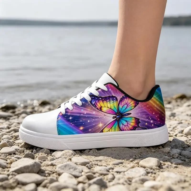 Ladies Men's Road Running Shoes，White sneakers with printed soles，Various sizes available，Bright butterfly pattern，Lightweight a
