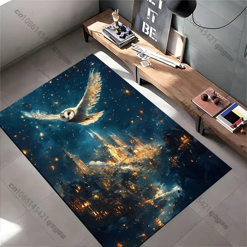 Majestic owl over enchanted city carpet Yoga living room room decor children's crawling mat doormat area rug games mat