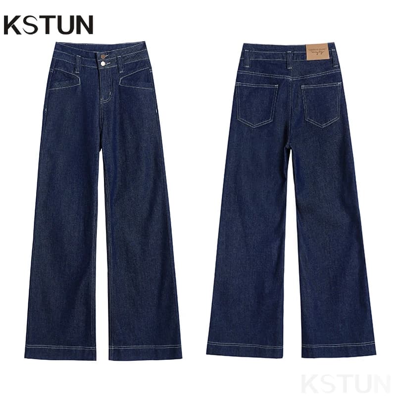 KSTUN 2026 Jeans Originali Blu Denim a Vita Alta da Donna, Gamba Larga, Elasticizzati, Bootcut, con Patch Vintage e Design Doppiopetto